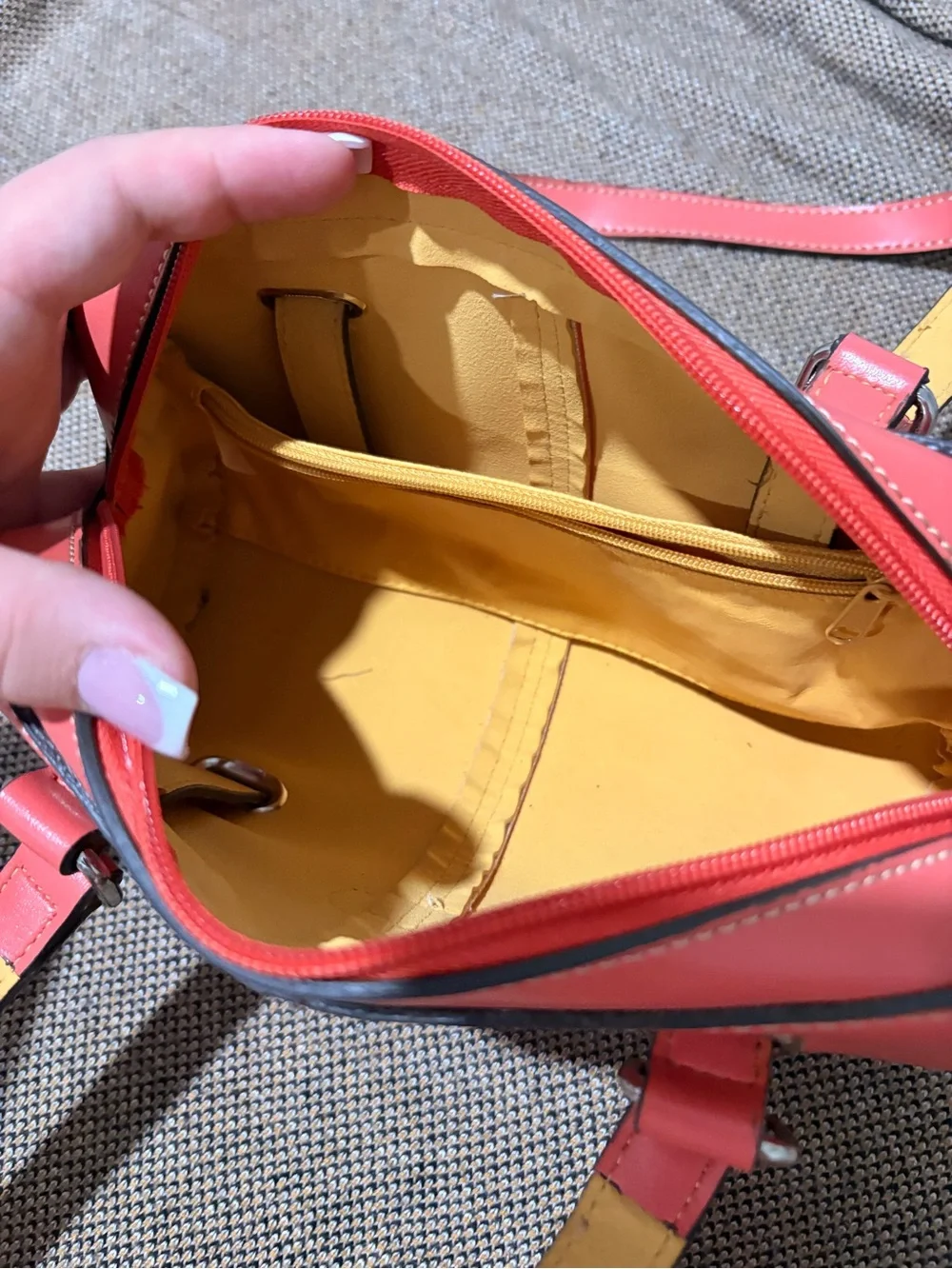 Mondani Coral and Yellow Leather Satchel